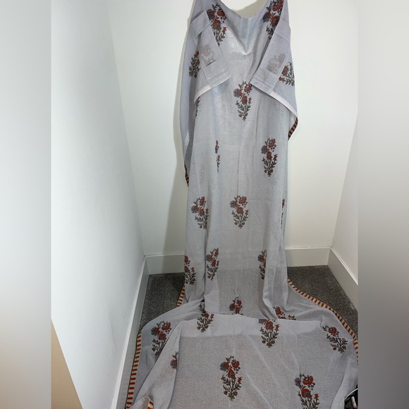 Anthropologie Cotton Block Print Curtain with Striped Trim | one panel - Picture 2 of 10